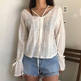 V-neck Plaid Blouse White - One Size