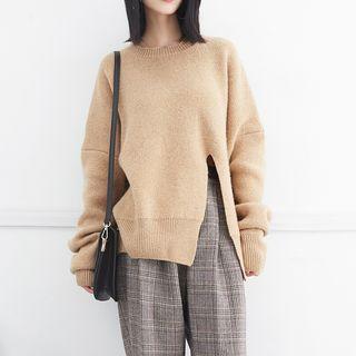 Slit-front Drop-shoulder Wool Sweater