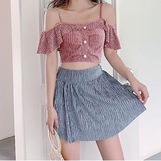 Set: Cold Shoulder Shirred Swim Top + Swim Skirt