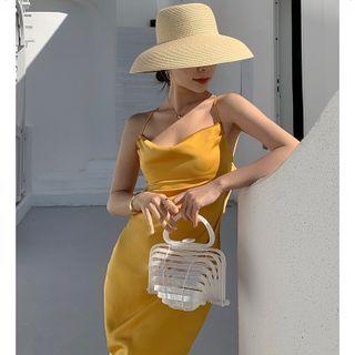 Spaghetti Strap Draped Open-back Midi A-line Dress