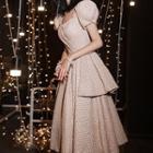 Short-sleeve Plaid A-line Midi Prom Dress