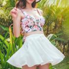 Set: Floral Print Bikini + Plain Swim Skirt