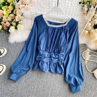 Lace-trim Ruched Long-sleeve Blouse