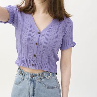 Short-sleeve Pointelle Cropped Cardigan Purplish Blue - One Size
