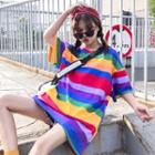 Elbow-sleeve Rainbow Striped T-shirt / Short-sleeve Embroidered T-shirt