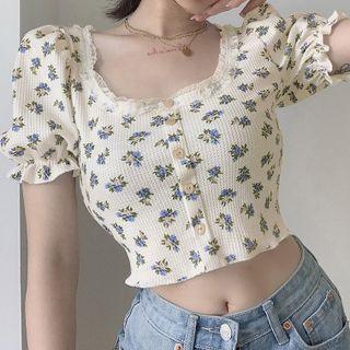 Short-sleeve Floral Top Blue Floral - Beige - One Size