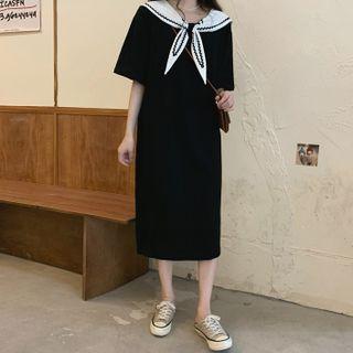 Short-sleeve Sailor Collar Midi Shift Dress