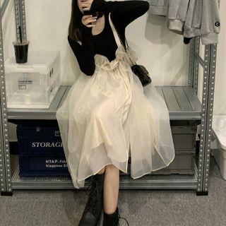Long-sleeve Plain Top / Ruffled Organza Jumper Skirt