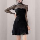 Set: Long-sleeve Glitter Mesh Mock-neck Top + Strapless Pleated Mini A-line Dress