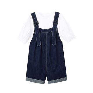 Set: Denim Wide Leg Jumper Shorts + Elbow-sleeve T-shirt