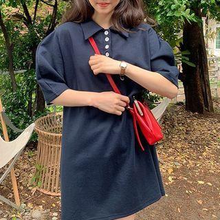 Puff Sleeve Plain Polo Dress Navy Blue - One Size