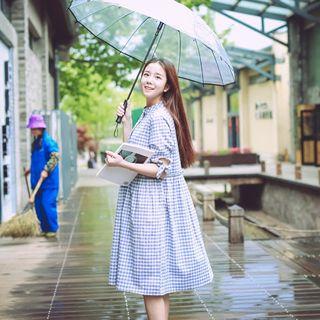 Gingham Elbow-sleeve A-line Midi Dress