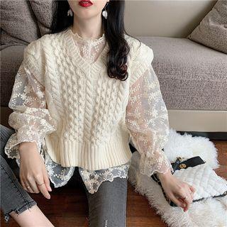 Long-sleeve Cutout Lace Mesh Top