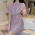 Short-sleeve Round Neck Glitter Top