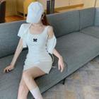 Set: Short-sleeve Cropped Light Cardigan + Embroidered Mini Tank Dress