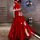 Bell Elbow Sleeve Embroidered Evening Gown