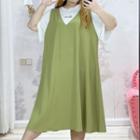 Plus Size Elbow-sleeve Two-tone Lettering Midi Smock Dress