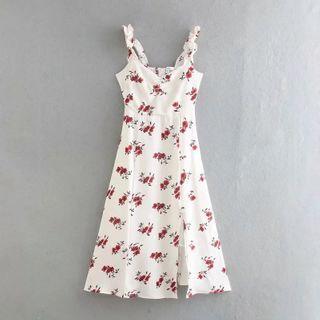 Spaghetti-strap V-neck Floral Slit Dress