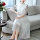 3/4-sleeve Embroidered Midi Qipao Dress