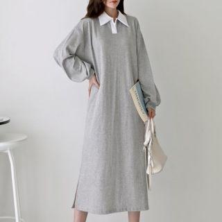 Bishop-sleeve Contrast-collar Long Dress
