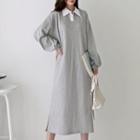 Bishop-sleeve Contrast-collar Long Dress
