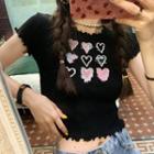 Short-sleeve Frill Trim Heart Embroidered Knit Top