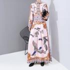 Long-sleeve Crane Print Maxi Dress As Shown In Figure - One Size