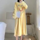 Long-sleeve Smiley Face Print Fleece Sleep Dress Yellow - One Size