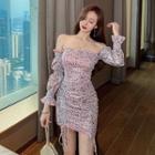 Off-shoulder Leopard Print Drawstring Sheath Dress