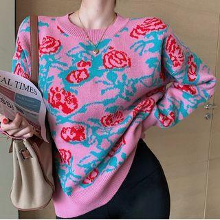 Floral Jacquard Sweater Pink - One Size