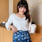 3/4-sleeve Square-neck Plain Ruched Beaded T-shirt