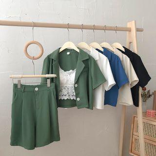 Set: Short-sleeve Open-collar Crop Shirt + Dress Shorts
