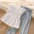 Sleeveless Ruffle Flowy Blouse / Washed Straight Leg Jeans