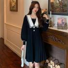 Collared Lantern-sleeve Pleated A-line Knit Dress