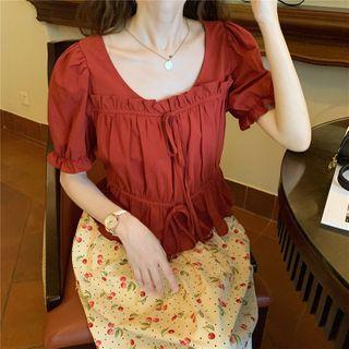 U-neck Ruffle-hem Short-sleeve Chiffon Blouse