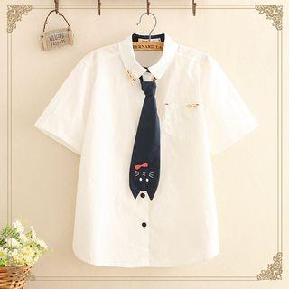 Cat Print Tie Short-sleeve Shirt