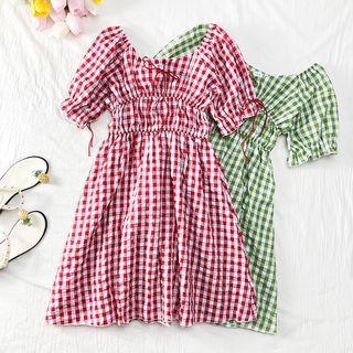 Ribbon-accent Plaid A-line Dress