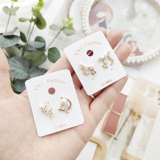 Faux Pearl Alloy Moon & Star Earring