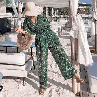 Patterned 3/4-sleeve Chiffon Jumpsuit