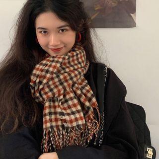 Plaid Fringed Shawl Red & Blue & Almond - One Size