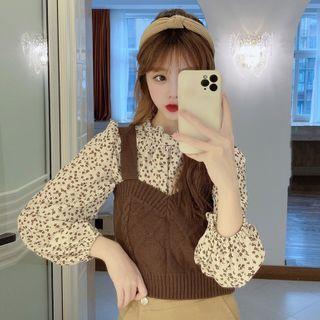 Long-sleeve Floral Print Mock-neck Blouse / Plain Knit Vest