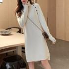 Turtleneck Button Detail Ribbed Midi Sweater Dress