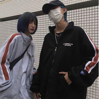 Couple Matching Lettering Striped Zip Jacket