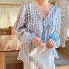 Beribboned Balloon-sleeve Patterned Blouse