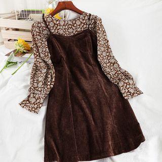 Set: Floral Print Blouse + Velvet Mini A-line Overall Dress