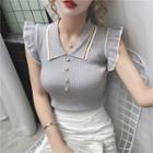 Sleeveless Ruffled Ribbed Polo Knit Top