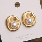 Faux Pearl Irregular Alloy Disc Earring 1 Pair - Gold & White - One Size