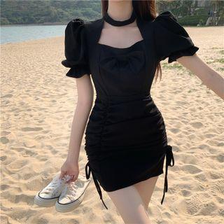 Puff-sleeve Drawstring Choker-neck Bodycon Dress