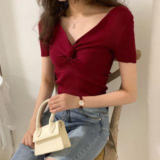 Short-sleeve Twisted V-neck Knit Top