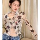 Long-sleeve Flower Print Cropped Sheer Top Off-white - One Size